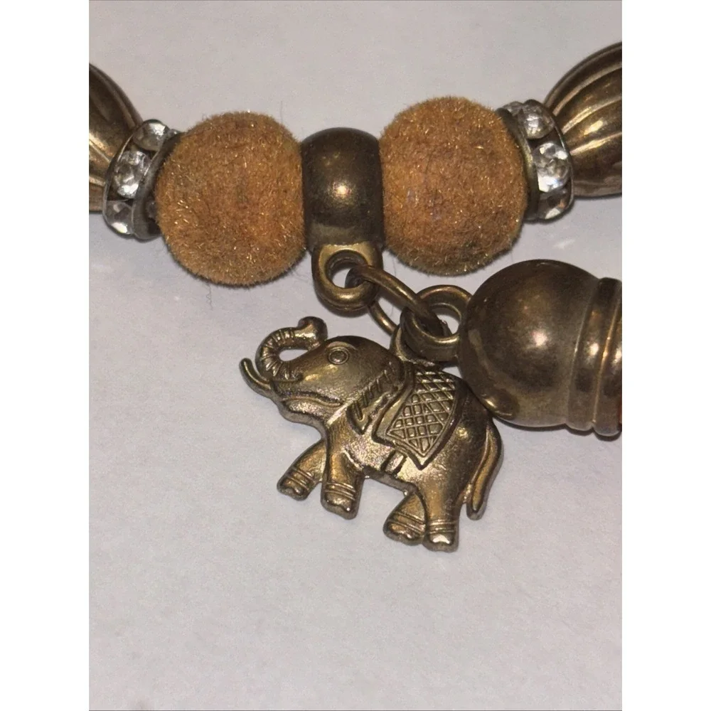 Vintage Orange Bead Beaded Stretch Bracelet With Tassel & Elephant Charm